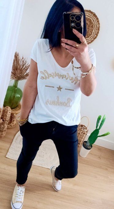 Tee shirt Mademoiselle Bonheur, 3 coloris , t.u jusqu'au 42 