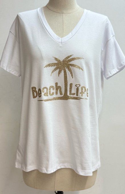 Joli t-shirt blanc inscription Beach life en paillette dorées