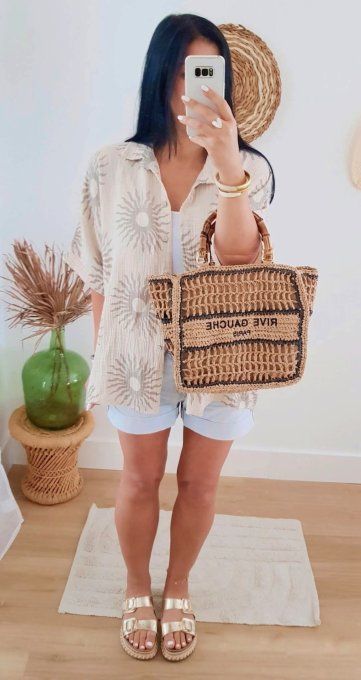 Chemise beige avec des soleils en gaze de coton taille unique jusqu'au 42
