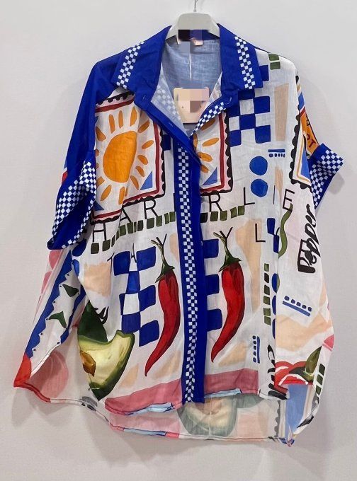 Chemise imprimée manches courtes 20% lin t.u 36 au 42