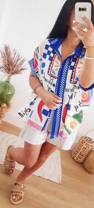 Chemise imprimée manches courtes 20% lin t.u 36 au 42