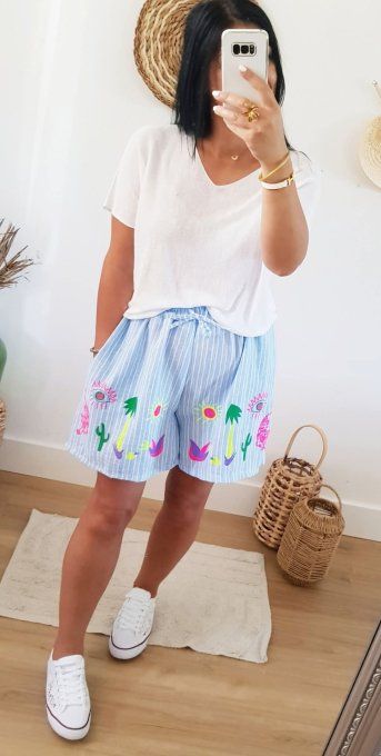 Short rayé avec flocages tendances colorées taille unique 36 au 42 , 20% lin