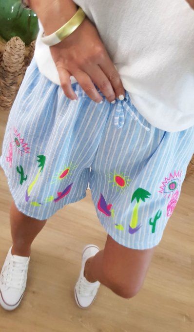 Short rayé avec flocages tendances colorées taille unique 36 au 42 , 20% lin