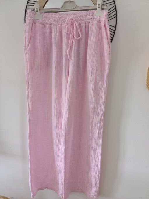 Beau pantalon en gaze de coton rose t.u 36 au 42