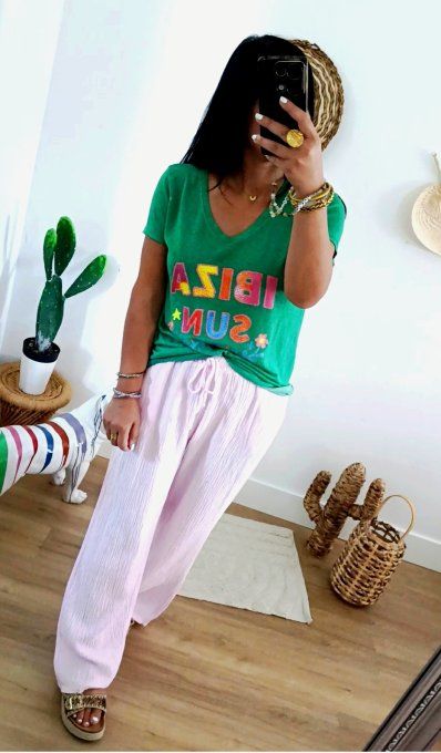 Beau pantalon en gaze de coton rose t.u 36 au 42