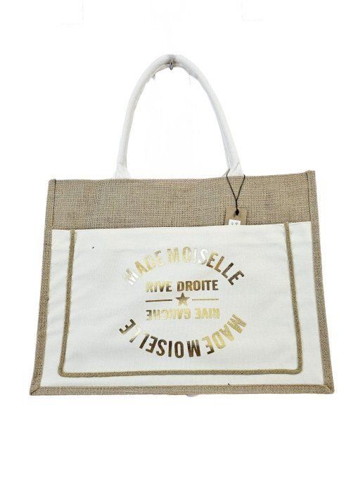 Sac cabas en jute inscription Mademoiselle Rive Droite Rive Gauche Blanc - Inscription dorée