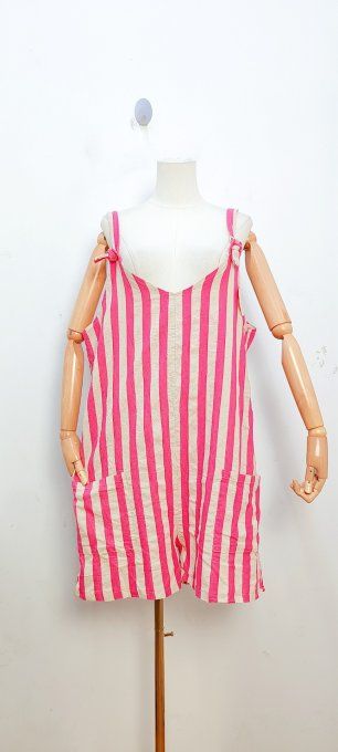 Combishort effet lin rayée fuschia et beige taille unique 36 /42