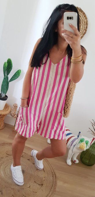 Combishort effet lin rayée fuschia et beige taille unique 36 /42