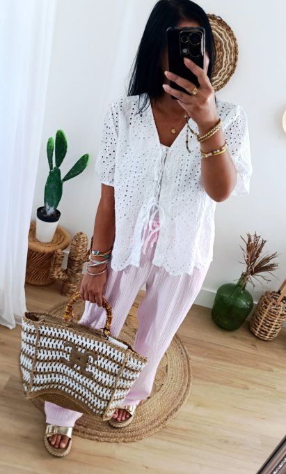 Blouse blanche noeuds coton broderie anglaise t.u 36/44