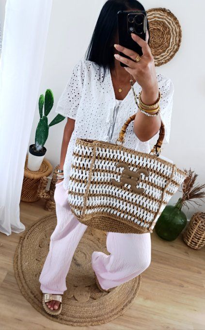 Blouse blanche noeuds coton broderie anglaise t.u 36/44