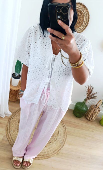 Blouse blanche noeuds coton broderie anglaise t.u 36/44