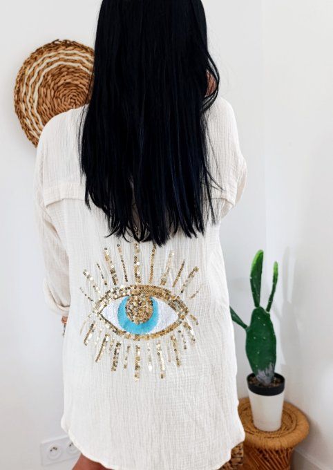 Chemise oeil sequins beige en gaze de coton tu 36/46