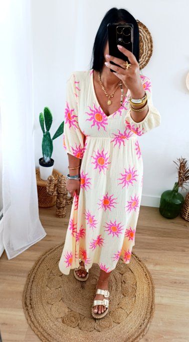 Sublime robe longue soleil en gaze de coton rose ou jaune 