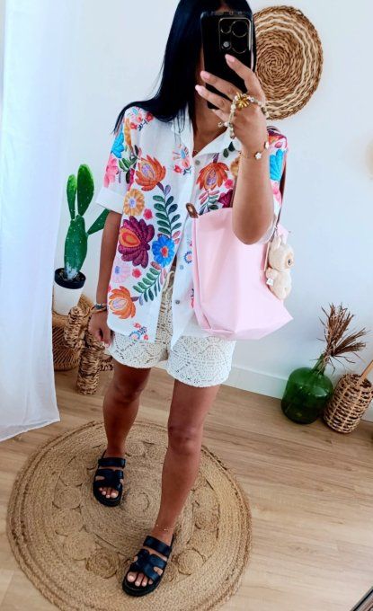 Chemise fleurie effet lin t.u 36/40