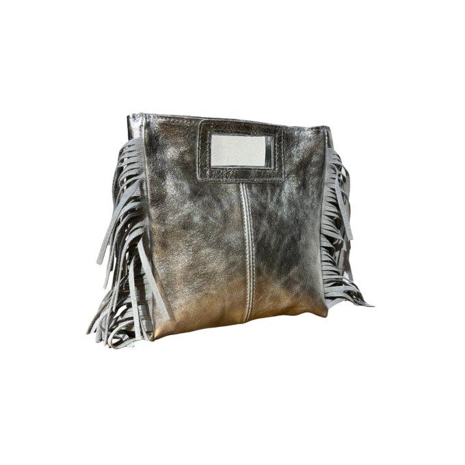 Sac à main à franges argenté en cuir véritable 