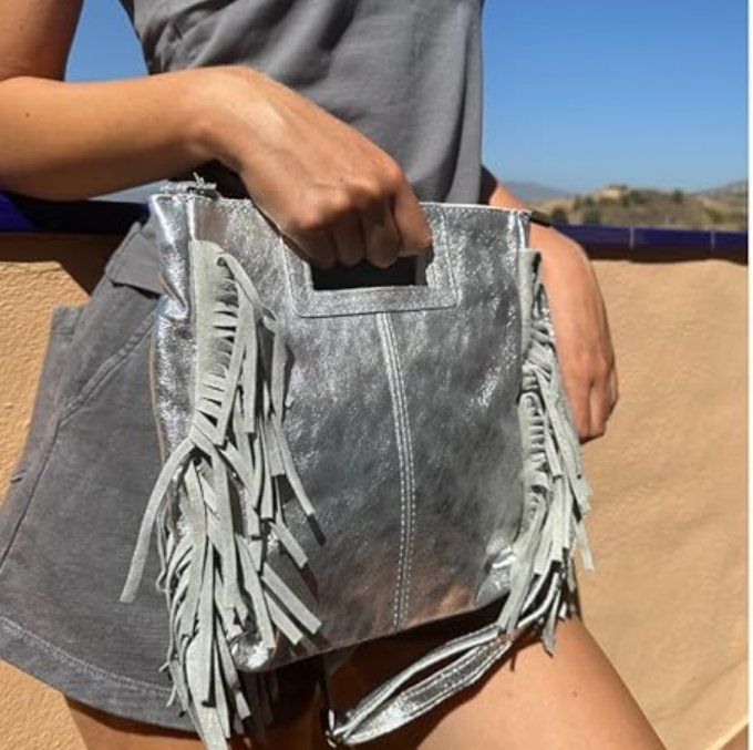 Sac à main à franges argenté en cuir véritable 