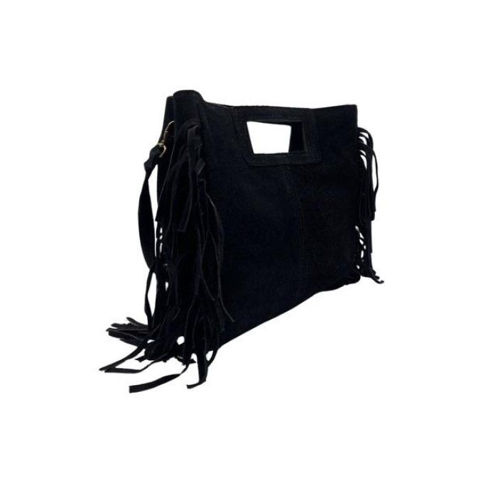 Sac à main franges en daim véritable  - Taupe,.noir ou vert clair