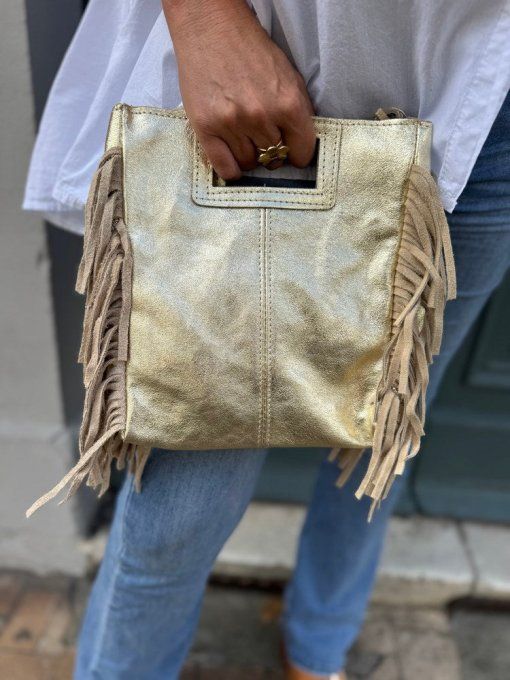 Sac à main à franges argenté ou doré en cuir véritable 