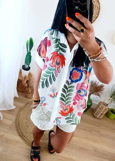 Chemise flower oversize effet lin t.u 36/44 en coton 