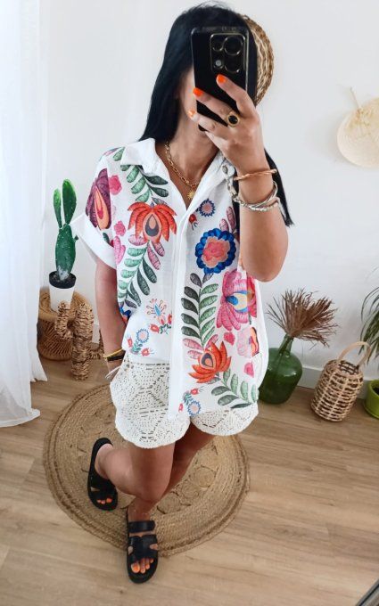 Chemise flower oversize effet lin t.u 36/44 en coton 