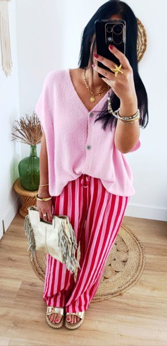 Pantalon rayé rouge et rose en gaz de coton taille unique 36 42