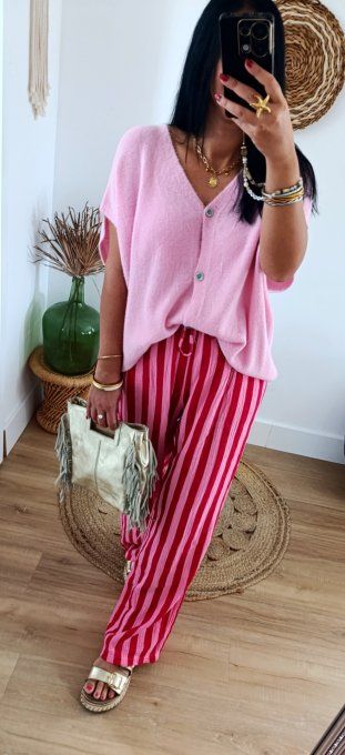 Pantalon rayé rouge et rose en gaz de coton taille unique 36 42