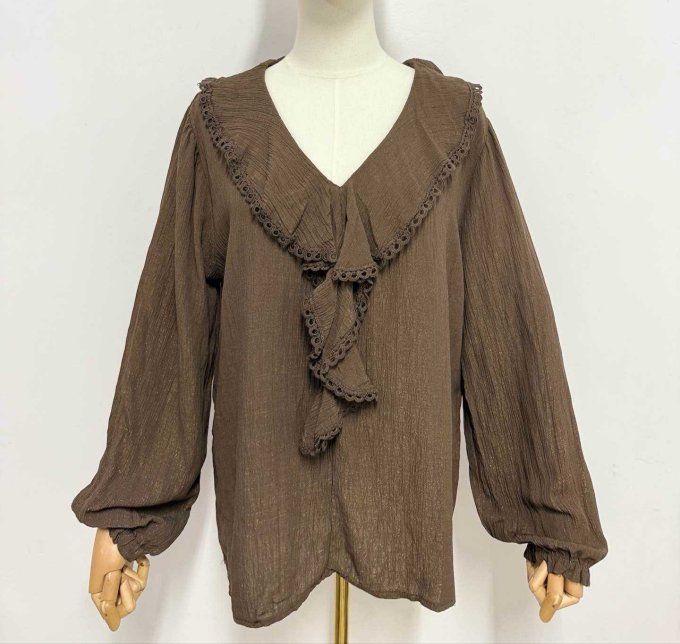 Blouse marron tendance à volants t.u 36/42