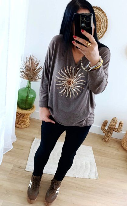 Pull marron soleil avec sequins t.u 36/42