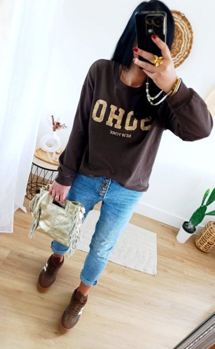Sweat marron inscription SOHO en bouclettes t.u 36/42