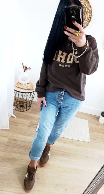 Sweat marron inscription SOHO en bouclettes t.u 36/42