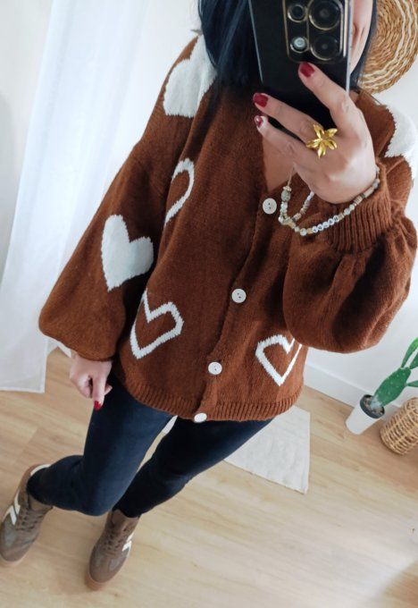Gilet marron avec coeurs blancs t.u 36/46