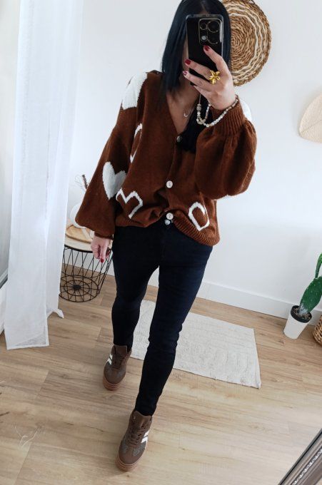 Gilet marron avec coeurs blancs t.u 36/46