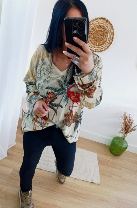 Top lurex manches longues imprimé Jungle t.u 36/44