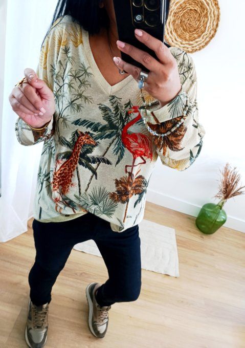 Top lurex manches longues imprimé Jungle t.u 36/44
