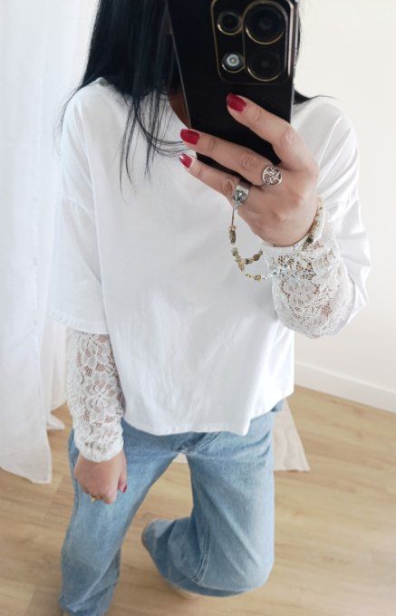 Top blanc effet 2 en 1 manches longues dentelle taille unique 34 au 38