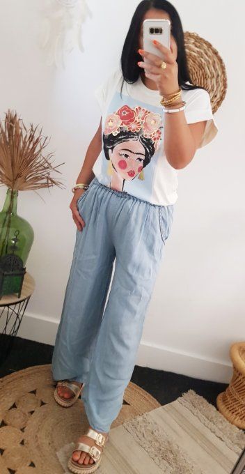 Pantalon fluide bleu clair tencel effet jean jusqu'au 42
