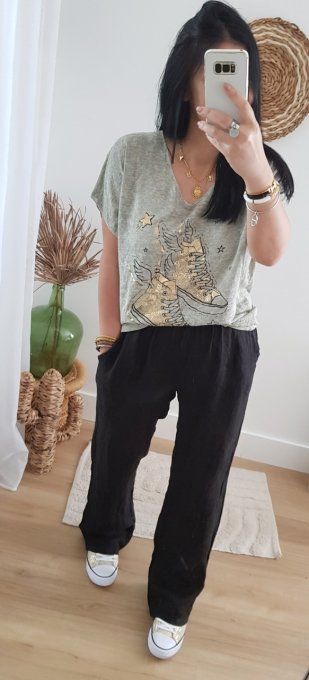 Pantalon avec LIN , poches sur le côté noir ou vert bresil - T.U jusqu'au 42 
