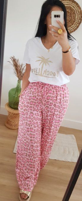 Beau pantalon en gaz de coton imprimé animal rose