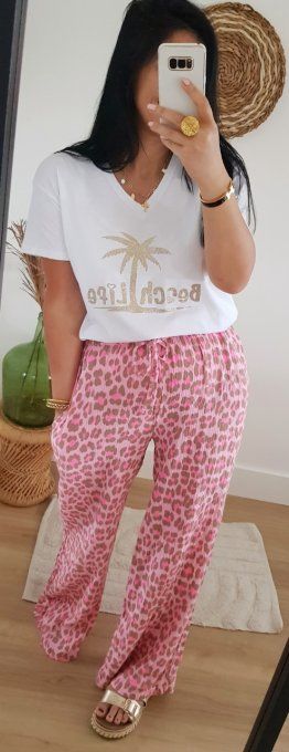 Beau pantalon en gaz de coton imprimé animal rose