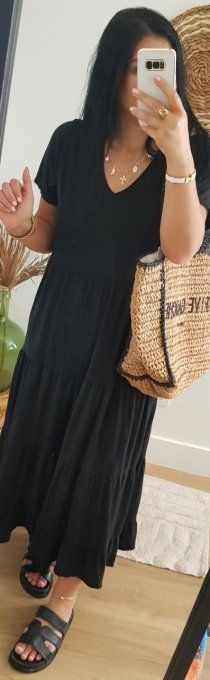 Robe longue noire en coton bohème avec détails crochet dos t.u jusqu'au 42 
