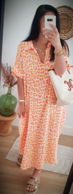 Sublime robe gaze de coton. Imprimé léopard fluo jusqu'au 46 t.u
