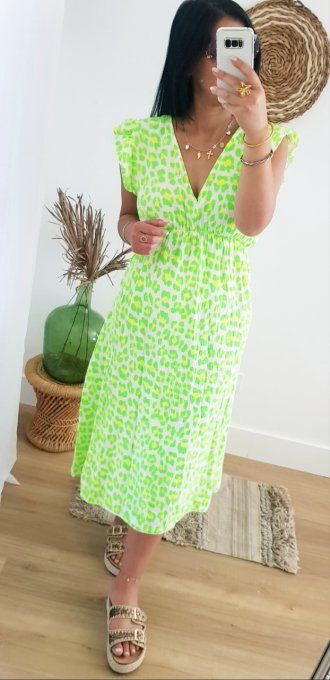 Sublime robe en gaze de coton imprimé animal fluo jusqu'au 44 t.u