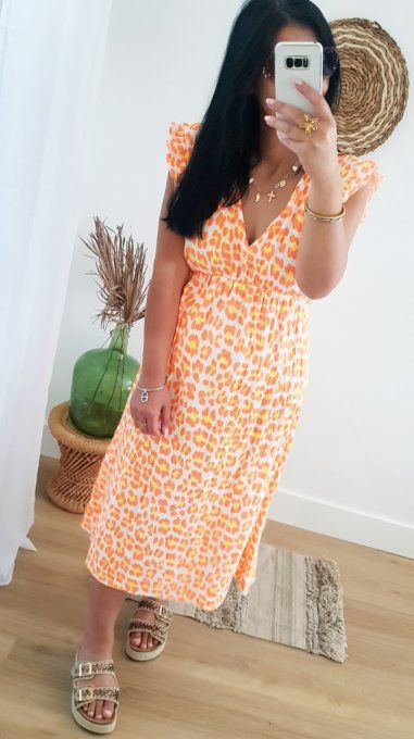Sublime robe en gaze de coton imprimé animal fluo jusqu'au 44 t.u