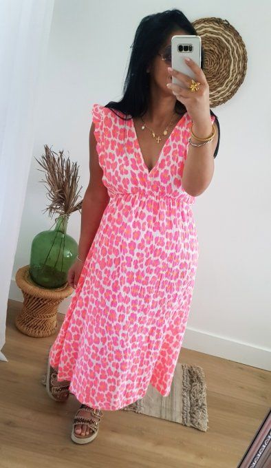 Sublime robe en gaze de coton imprimé animal fluo jusqu'au 44 t.u