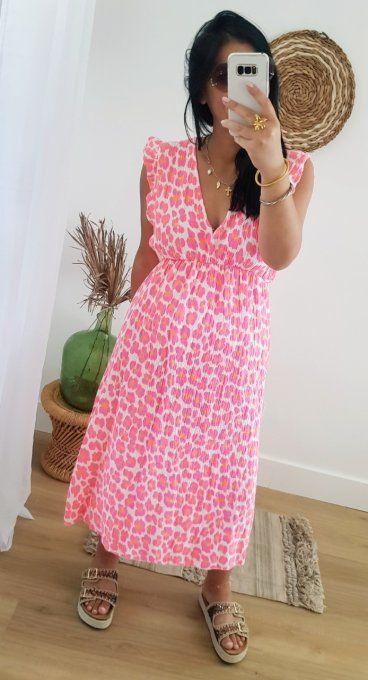 Sublime robe en gaze de coton imprimé animal fluo jusqu'au 44 t.u