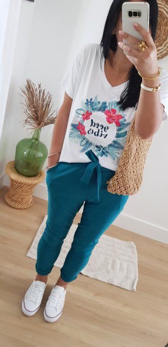 Pantalon coupe carotte  stretch bleu canard taille unique 36 40