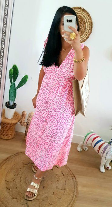 Sublime robe longue en gaze de coton imprimer animal fushia sur fond blanc t.u 36/42