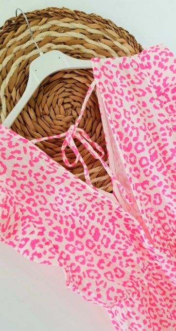 Sublime robe longue en gaze de coton imprimer animal fushia sur fond blanc t.u 36/42