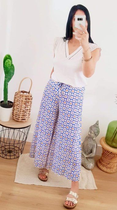 Pantalon imprimé bleu royal style carreaux de ciment kaki Taille unique 36 au 40