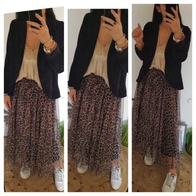 Jupe longue tulle motif léopard fond camel ou beige jusqu'au 46